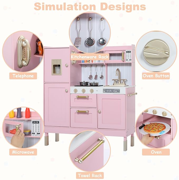 Play Kitchen for Kids, Wooden Kids Kitchen Playset with Realistic Sounds, Children Pretend Toy Kitchen Playset w/Stove, Oven & Ice Maker, Little Chef Play Kitchen for Girls and Boys, Pink