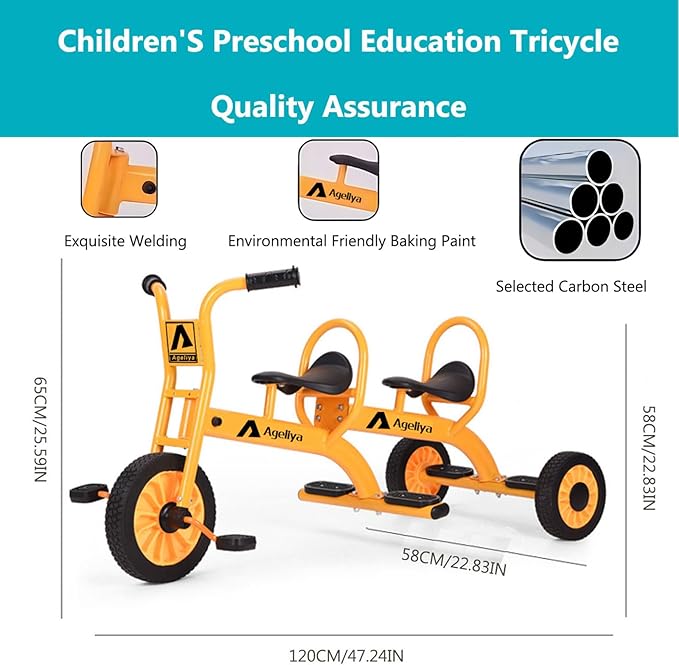 Kids Tricycles for Preschoolers Ages 3+, Ideal Outdoor Playground & Daycare Yard Trike with Passenger Seat, Durable Metal Pedal Kids Tandem Tricycles, Sturdy Carbon Steel Frame, Solid Rubber Tires