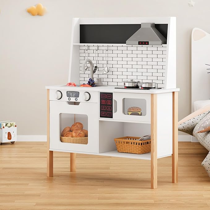 DlandHome Kids Kitchen Playset, Pretend Kitchen Playset with Real Lights & Sounds, Chef Pretend Play Set with Sink Oven Microwave, Ideal Role Play Toy Gift for Toddlers and Kids Ages 3+, White