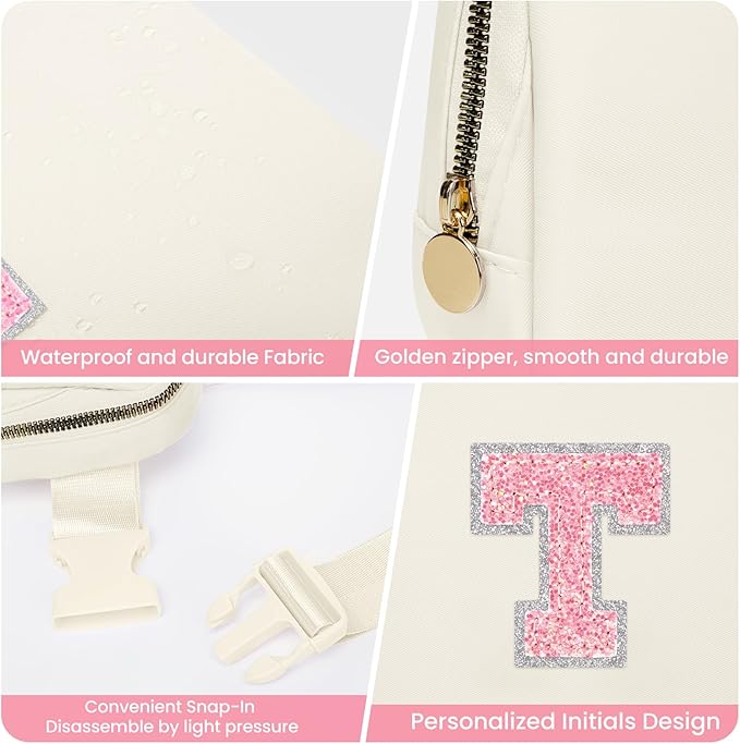 Gifts for Girlfriend, Girlfriend Birthday Gifts, Personalized Fanny Pack Crossbody Bag Belt Bag with Initial letters, Waist Packs with Adjustable Strap, Cute Preppy Girly Trendy Stuff (Cream, T)