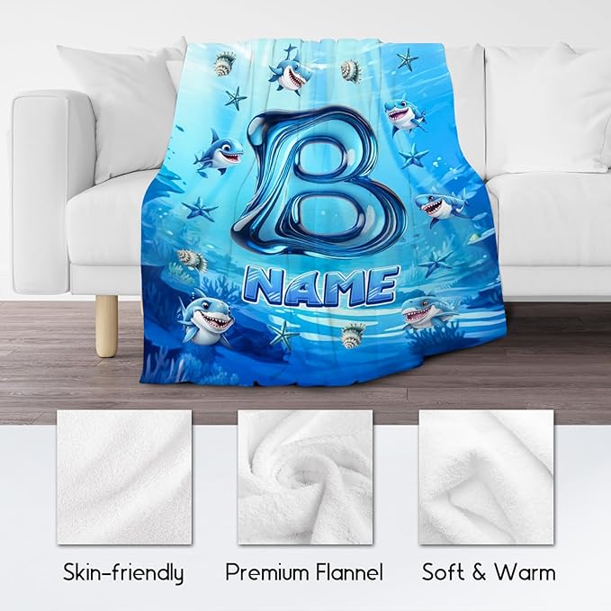 Personalized Shark Blanket - Initial Gifts for Kids Boys - Custom Flannel Cozy Blankets for Living Room, Office