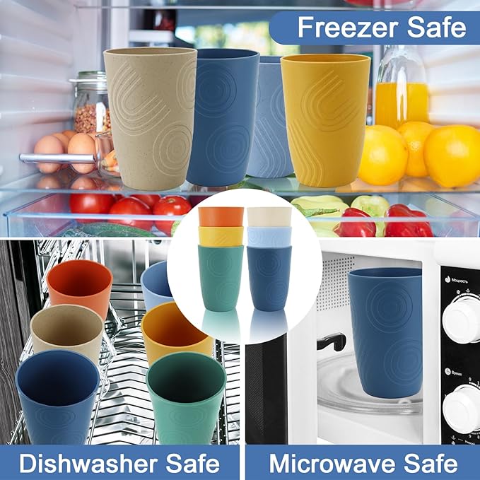 Wheat Straw Cups 6 PCS - 16 OZ Drinking Glasses, Unbreakable Large Cup, Lightweight Cup Set for Kitchen, Alternative to Plastic Cups Reusable Dishwasher Safe Water Tumbler (Multicolor)