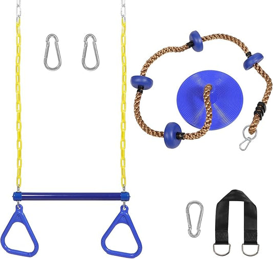 REDCAMP Outdoor Kids Swingset, Trapeze Swing Bar and Climbing Rope with Heavy Duty Coated Chains and Carabiners, Backyard Playground Accessories (Blue)