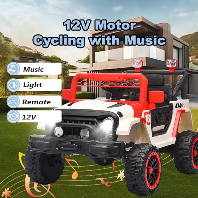 12V Kids Car, 4x4 Electric Car for Kids with Remote Control, LED Headlights & Music, Ride-On Truck Toy Gift for Boys Girls 3-8 Years (Flame Red & White)