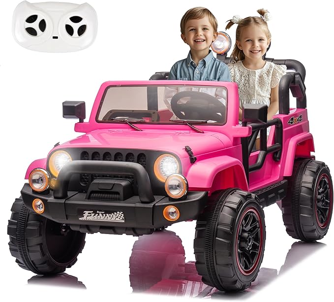 24V XL Kids Electric Ride on Truck Car 2 Seater Remote Control for Toddlers 2-8, 160W 2 Motors 5MPH Max Speed, Bluetooth USB Music Player, LED Lights Safety Belt, Gift for Boys Girls, Pink
