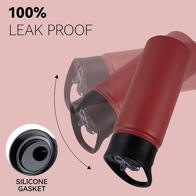 16 oz Insulated Water Bottle for School, Straw & Spout Lid, Keep Cold 24H, Spill Proof, BPA-Free, Double Wall Stainless Steel Kids Water Bottles for Sports, Gym, Travel, Red