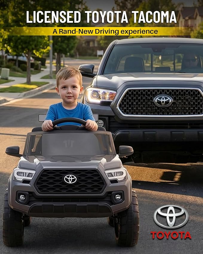 Blitzshark 12V Kids Ride on Car Licensed Toyota Tacoma Battery Powered Motorized Electric Vehicle, with Remote Control, Digital Display, Spring Suspension, Storage Space, Music & FM, Grey
