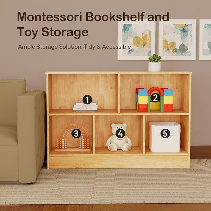 wingyz Montessori Bookshelf Rubber Soild Wood, 5-Section Wooden Storage Cabinet, 2 Shelf Bookcase Toy Storage Organizer, 35.4" L Montessori Shelf for Kids Rooms Classroom Nursery Daycare, Child-Safe