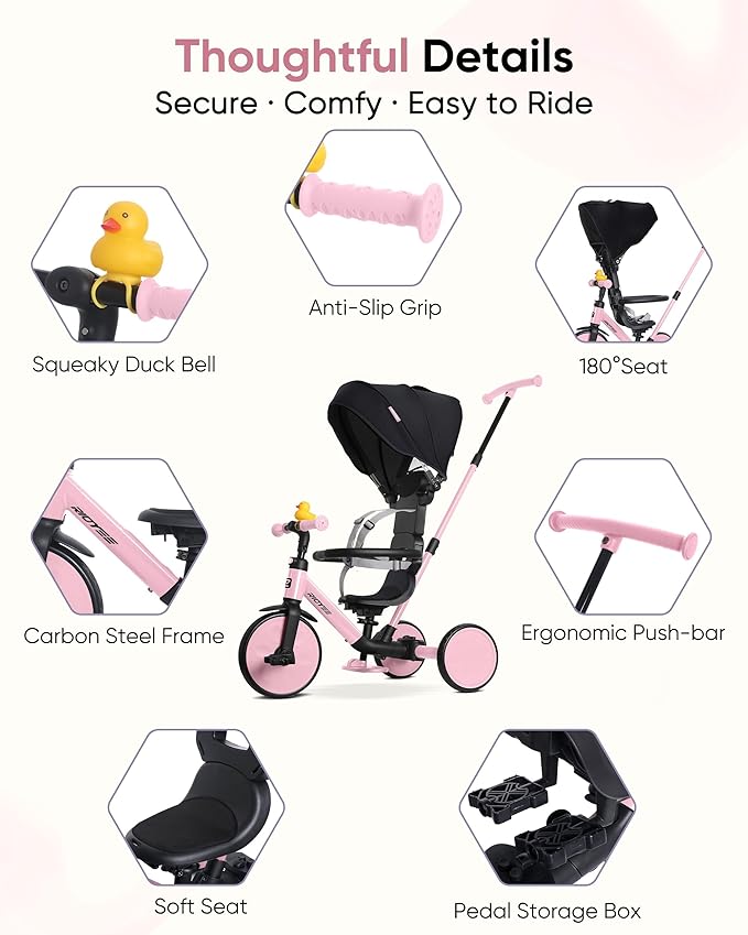 8-in-1 Tricycle for 1.5-5 Years, Tool-Free Switch, Toddler Tricycle with Parent Steering Control Handle for 1.5 to 5 Yrs, Toddler Trike 1.5-3 Years with 5-Point Harness and Large Canopy, Pink