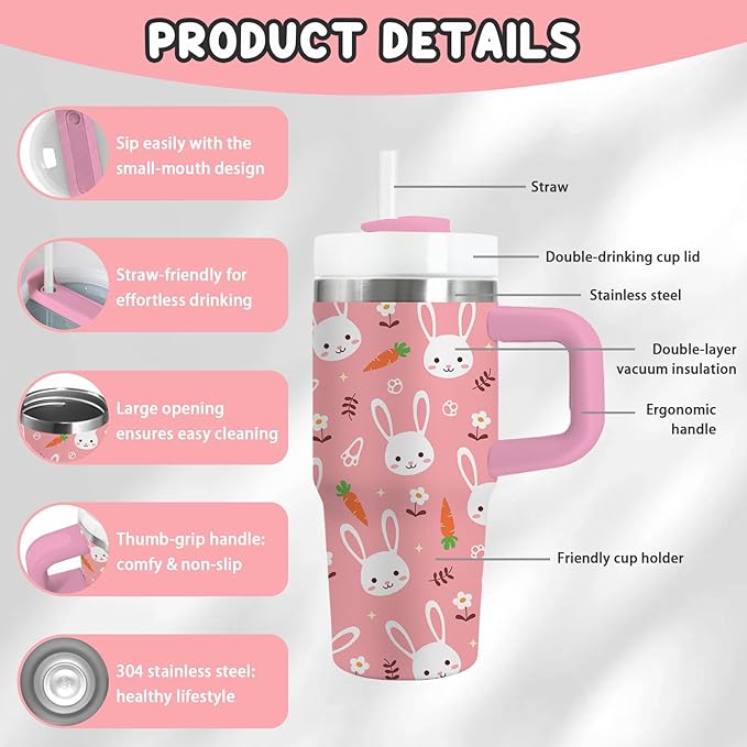 Rabbit Gifts for Kids - 14 Oz Pink Kids Tumbler with Handle and Straw, Stainless Steel Insulated Tumbler, Sweatproof, for Sports, School, Travel - Bunny Lovers Children Birthday Gifts Cups(1pc)