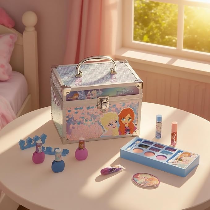 Disney Frozen Train Case Beauty Set, Kids Makeup Kit for Girls, Real Washable Makeup Set, Play Makeup, Party Favor, Birthday, Ages 3 4 5 6 7 8 9 10 11 12 by Townley Girl