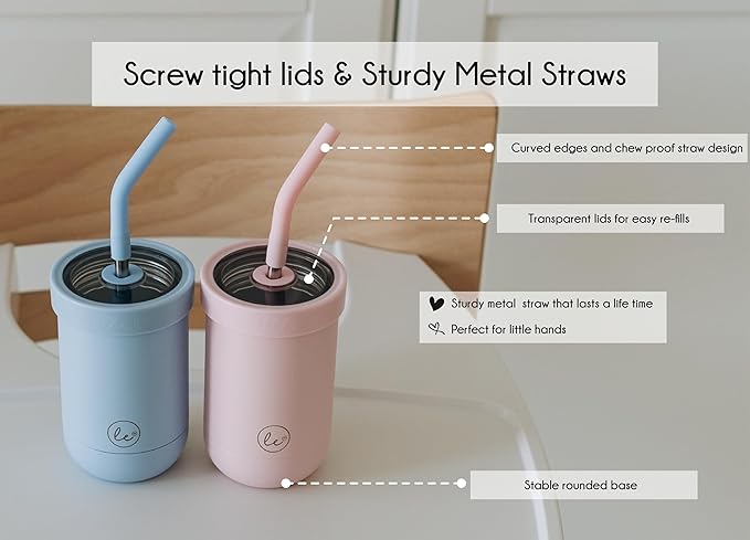 Double walled insulated stainless steel kids & toddler cups with straws and lids | Best Sippy cups with straw for boys 1+ year old | Holds 12oz capacity - On the Go Travel containers