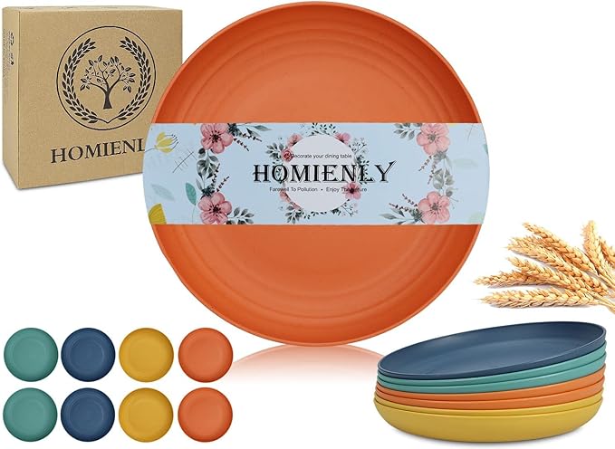 Homienly Wheat Straw Dinner Plates Set of 8 - Alternative to Plastic, Microwave & Dishwasher Safe, Unbreakable Kids Plates with 4 Colors (Colorful, 8 inch)