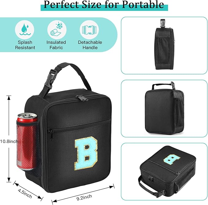 Initial Insulated Lunch Bag, Lunch Box with Initial Letter Patch for Teen Adult, Reusable Lunch Bag for Men Women, Ideal Back to School Gift Birthday Gift, Blue B