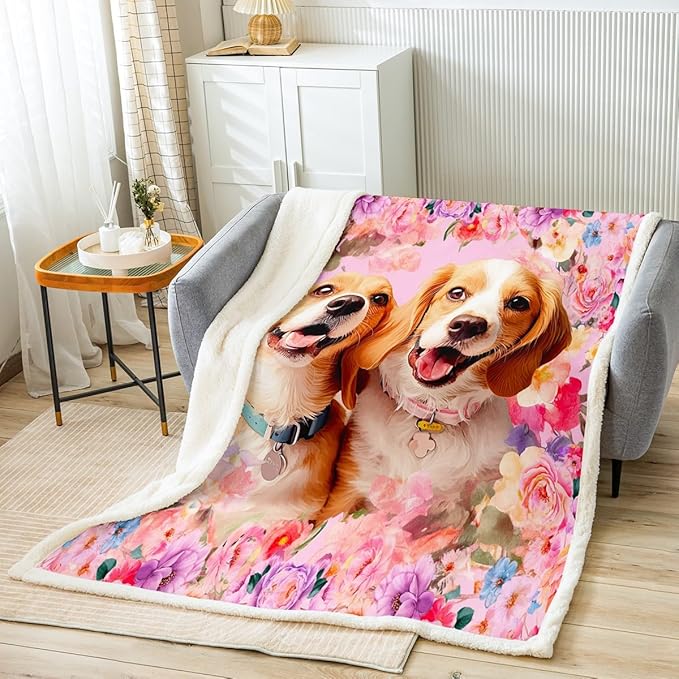 Feelyou Cute Dog Toddler Fleece Throw Blanket Kids Cartoon Puppy Sherpa Girls Pink Colorful Floral Fuzzy Kawaii Animal Plush for Sofa Bed Couch Lovely Pet Decor 40x50 Inch