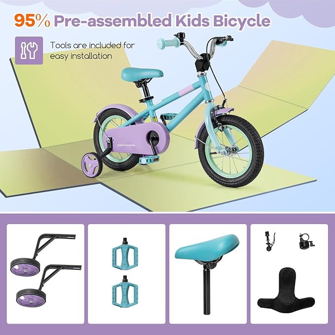 BABY JOY Colorful Macarons Kids Bike, 12 14 16 18 Inch Sporty Children's Bicycle with Training Wheels, Adjustable Handlebar & Saddle, Handbrake & Coaster Brake, Boys Girls Bike for 3-8 Years Old