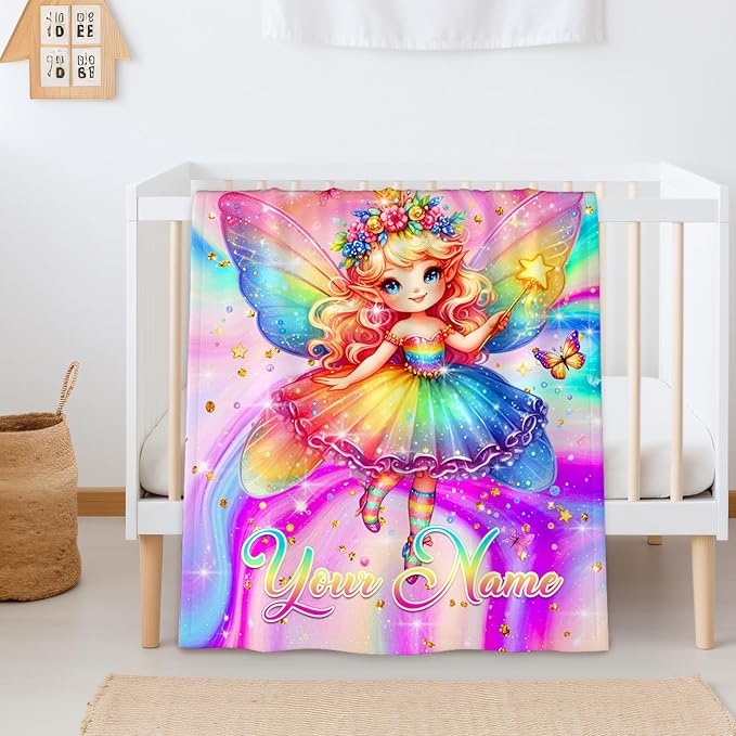 Personalized Name Blanket for Girls, Fairy Throw Blanket Gift for Kids Teens, 80"x60" Custom Name Blankets for Couch Sofa Bed Bedroom Decor Travel