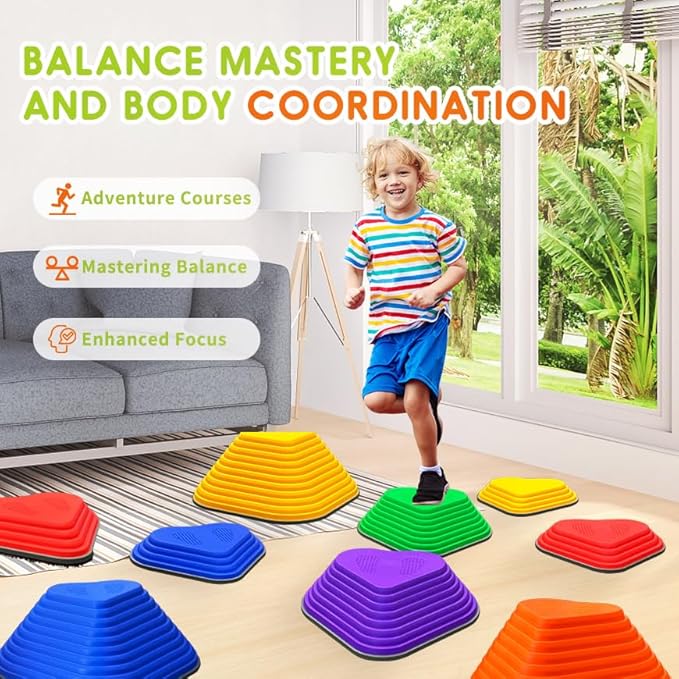 MOCUTEEN Stepping Stones for Kids 11pcs Non-Slip Plastic Balance Stones for Toddler Activities Sports & Outdoor Kids Balance Play Equipment Toys. Toddler Ages 3+ Years Old