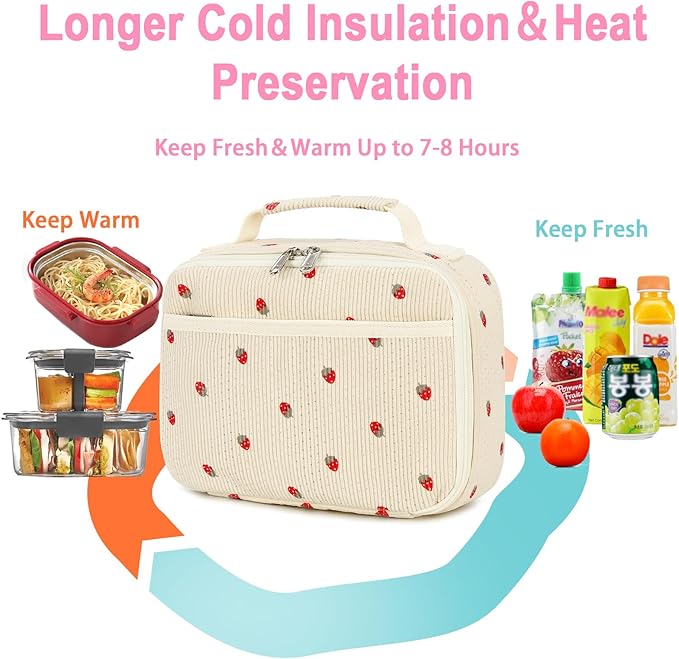 Bluboon Insulated Lunch Bag for Girls & Boys, Corduroy School Lunch Box with Cooler & Organizer Compartments, Leak-Proof Lunch Tote for School, Travel (Corduroy Strawberries Beige)