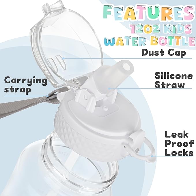 OLDLEY 12oz Kids Motivational Water Bottle, Silicone Straw, Leak-Proof Tritan BPA-Free, Reusable for School Girls & Boys, Clear