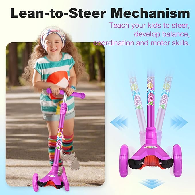 BELEEV Scooters for Kids 3 Wheel Kick Scooter for Toddlers Girls Boys, 4 Adjustable Height, Lean to Steer, Light up Wheels, Extra-Wide Deck, Easy to Assemble for Children Ages 3-12 (Rose Pink)