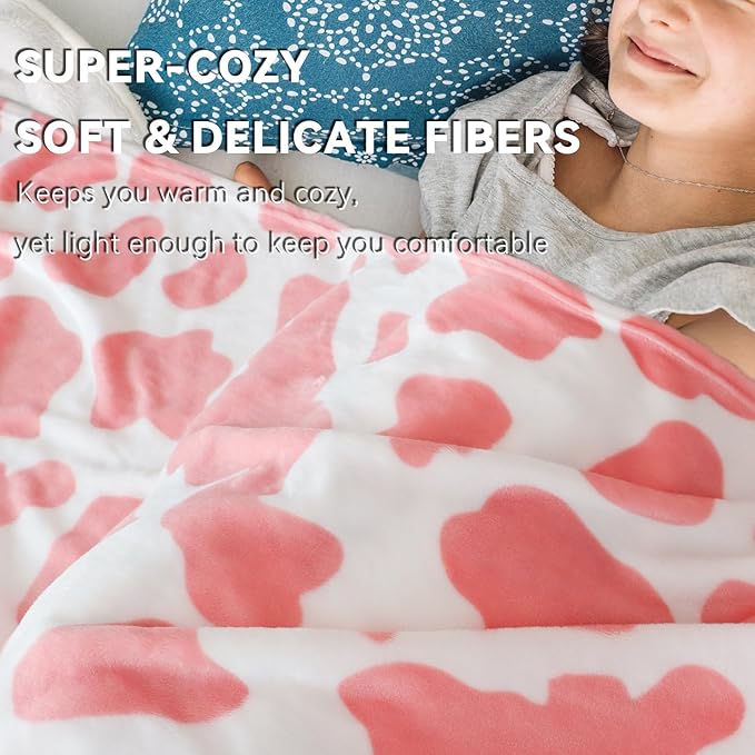 Pink Twin Fleece Blanket - Cozy Fuzzy Lightweight Cow Print Fleece Throw for Bed, Sofa, Room Decor -Soft Cow Gifts for Girls 60"x80"