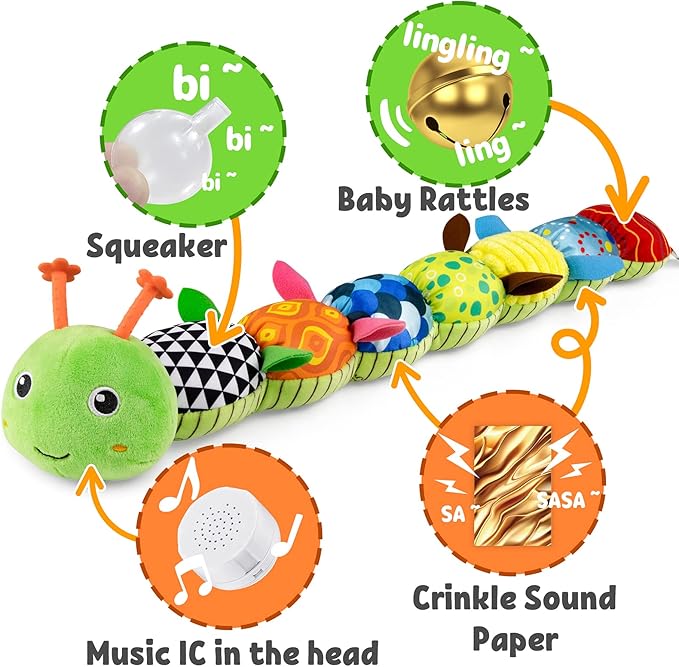 LIGHTDESIRE Baby Toys Musical Caterpillar,Infant Stuffed Animal Toy with Crinkle and Rattles,Soft Sensory Toys with Textures for Tummy Time Newborn Boys Girls 0 3 6 12 Months(Green)