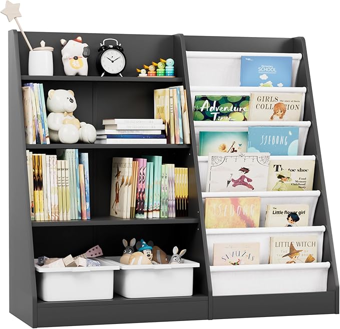 Black Kids Bookshelf Wood Toy Storage Organizer Cabinet Children Bookcase Toddler Baby Sling Book Rack Adjustable Shelf for Playroom Bedroom Nursery Hallway School Kindergarten