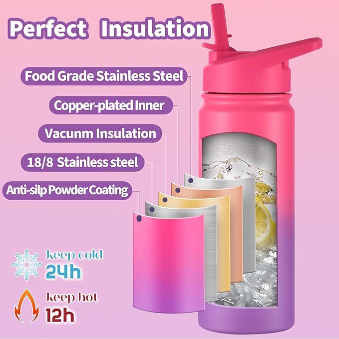 mininoo Girls Water Bottle for School, 16oz Stainless Steel Insulated Metal Water Bottle with Straw Lid for Boys (Punch/Purple)