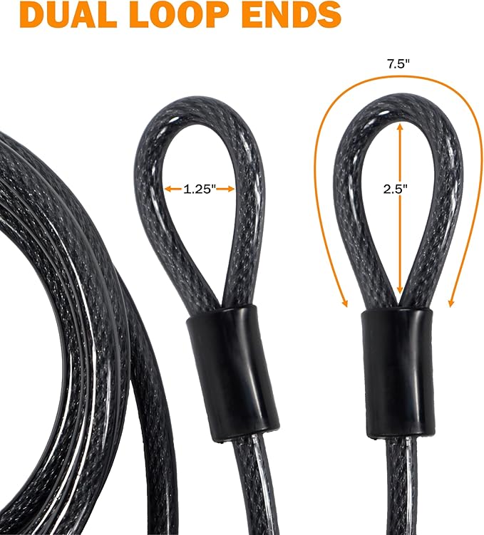 Lumintrail 12mm (1/2 inch) Heavy-Duty Security Cable, Vinyl Coated Braided Steel with Sealed Looped Ends (4', 7', 10', 15' or 30') (7-FT)
