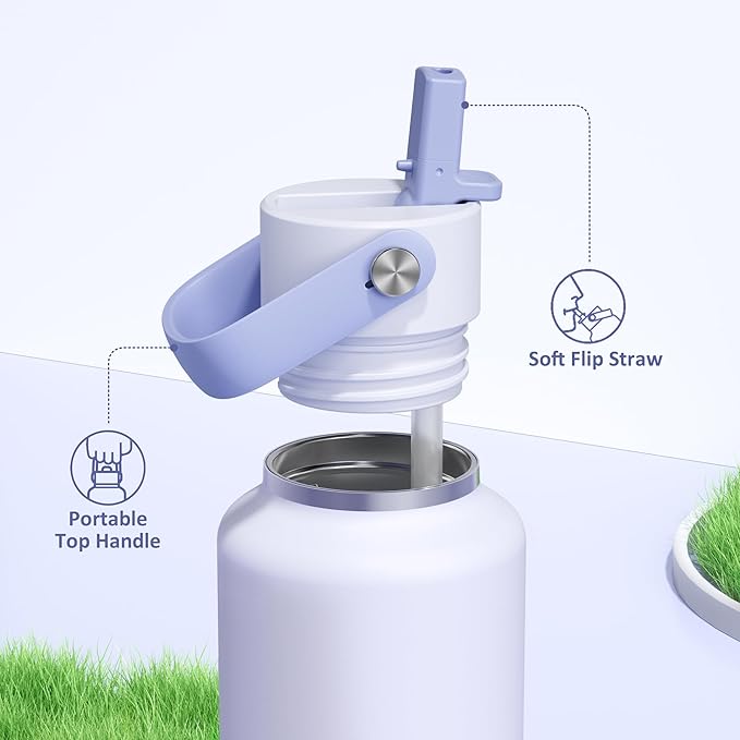 POWCAN 24 oz Slim Insulated Water Bottle: Leakproof, Lightweight, Cold for 24H, Double Walled Stainless Steel Water Bottle with Straw for Travel, Hiking, Biking, Sport, Outdoors (Lupine Haze)