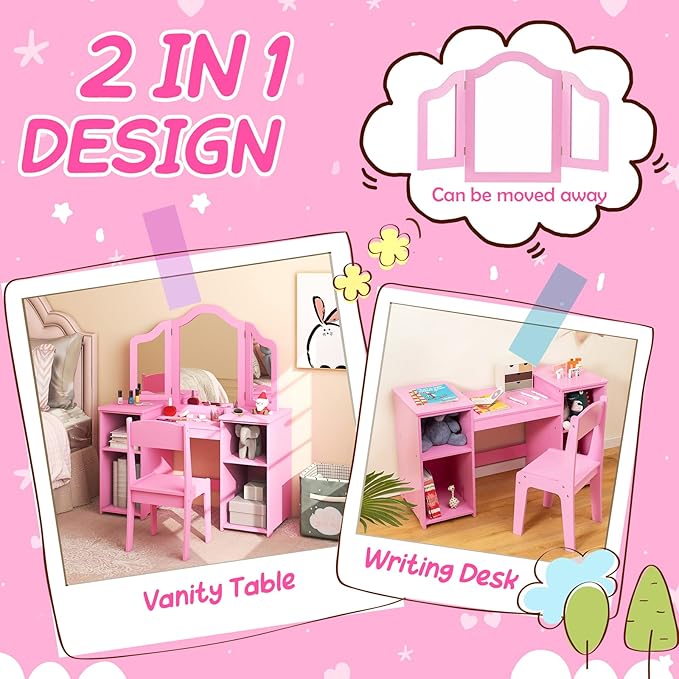Costzon Kids 2-in-1 Princess Makeup Desk & Chair with Detachable Mirror, Shelves, Dressing Table for Little Girls (Pink)