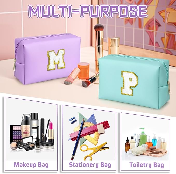 TOPEAST Cosmetic Travel Bags for Women, Preppy Small Makeup Bag, PU Leather Waterproof Toiletry Bag, Unique Friendship Gifts for Friends Coworker, Cute Stuff for Girls (Purple R)