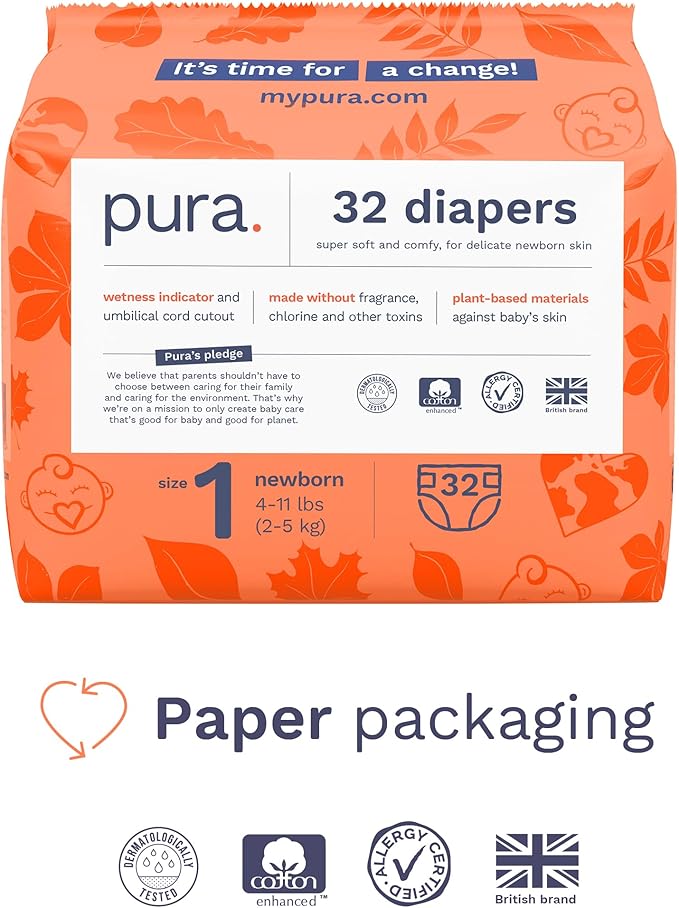 Pura Hypoallergenic Diapers, Size 1 (4-11lbs), Newborn, Totally Chlorine Free, Wetness Indicator, Suitable for Sensitive Skin, Soft Organic Cotton Comfort, Overnight, 3 Packs of 32 (96 Baby Diapers)