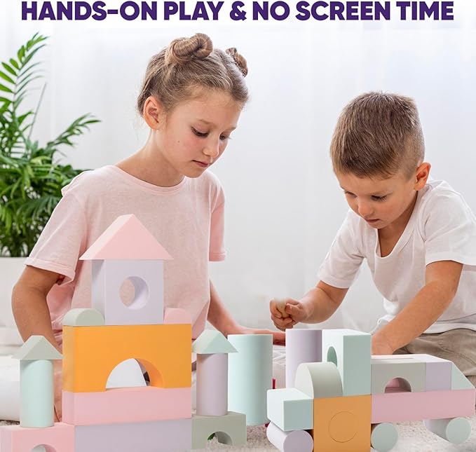 Set of 34 Jumbo Large Foam Blocks for Toddlers - Stacking Soft Blocks for Kids with Shapes & Colors Learning - Construction Building Preschool Toys - Giant Foam Bath Blocks for Toddlers 3-5 & above