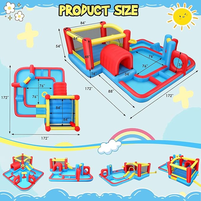 AKEYDIY Bounce House for Kids 3-10,Tunnel Obstacle, Dual Slides- Inflatable Obstacle Course Bounce House,Adventure Maze Inflatable Water Slides Park for Kids Indoor Backyard