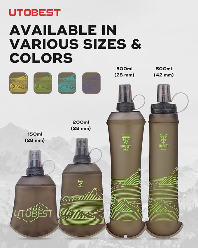 UTOBEST 150ml Soft Flask, 2 Pack Flexible TPU Hydration Water Bottle, Collapsible with 28mm Caliber for Running, Hiking, Cycling, Climbing, and Marathon Green
