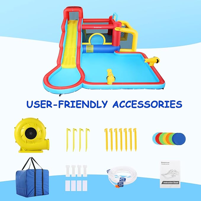 Inflatable Water Slide for Kids, 10-in-1 Water Bounce House Backyard Waterpark with Long Water Slide & Large Splash Pool Wet Dry Combo for Kids Outdoor Party Gifts, Includes 620w Blower