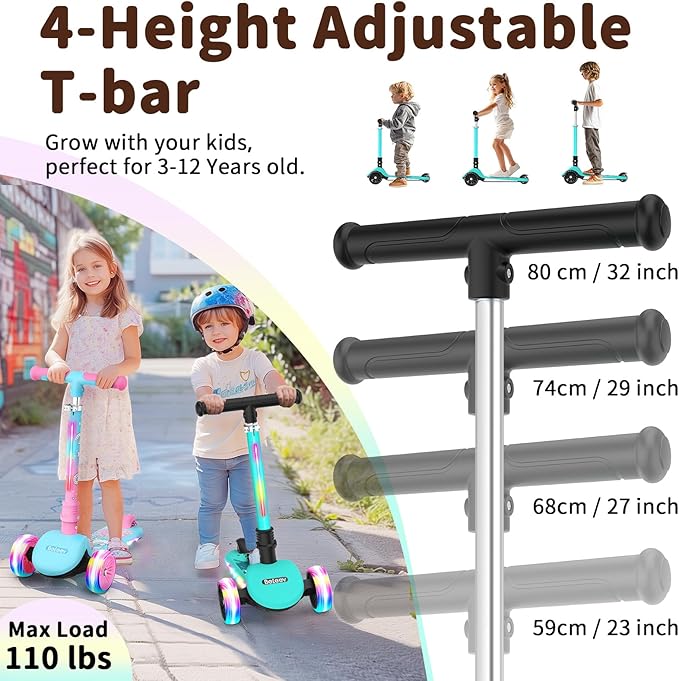 BELEEV A9 Kids Scooter with LED Light-Up Wheels & Deck, 3 Wheel Folding Scooter for Toddlers Girls Boys Ages 3-12, Adjustable Handlebar, Lean to Steer, Extra-Wide Wheels, Kick Scooter for Children