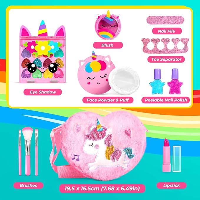 ULOVEME Kids Real Makeup Kit for Little Girls - Real, Non Toxic, Washable Make Up Toy - Umicorn Toys Gift for 3 4 5 6 7 8 9 10 12 Years Old Girls Birthday (Heart Shaped Pink Purse)