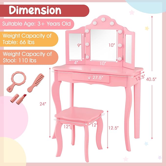 AKUSTIK Kids Vanity with Lights, 2 in 1 Wooden Dressing Table and Chair Set with Tri-Folding Mirror, Stool, Storage Drawer, Toddlers Pretend Princess Beauty Playset Toy Gift for Little Girls