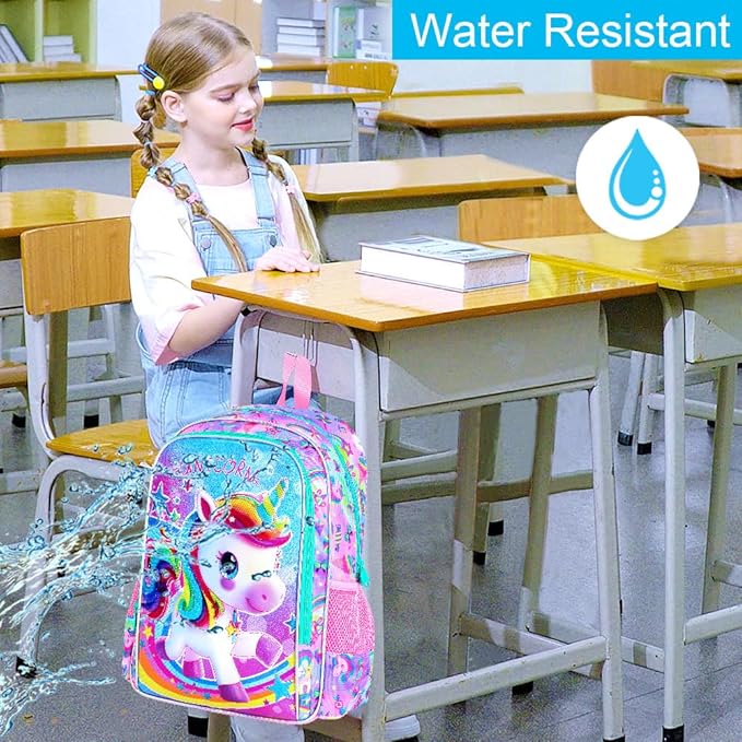 CCJPX 3PCS Kids Backpack for Girls, 16”Unicorn Preschool Bookbag Set, Cute Water Resistant School Bag for Elementary Kindergarten Toddler