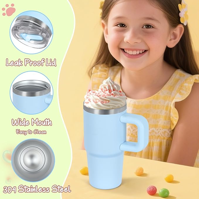 Cosictic 14 Oz Flip Straw Tumbler with Handle for Kids, Stainless Steel Double Wall Insulated Cup for Children with Flip Top Lid, 14 Oz Leak-proof Cups for Kids, Sky Blue