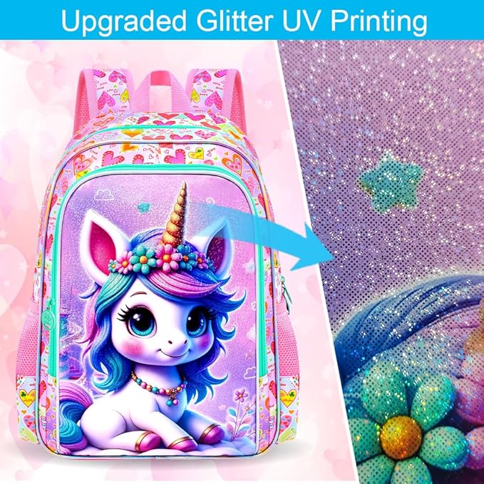 CCJPX 16" Unicorn Backpack for Girls, 3Pcs Kids Bookbag with Lunch Box, Water Resistant Elementary School Bag for Kindergarten Preschool Toddler (Pink)