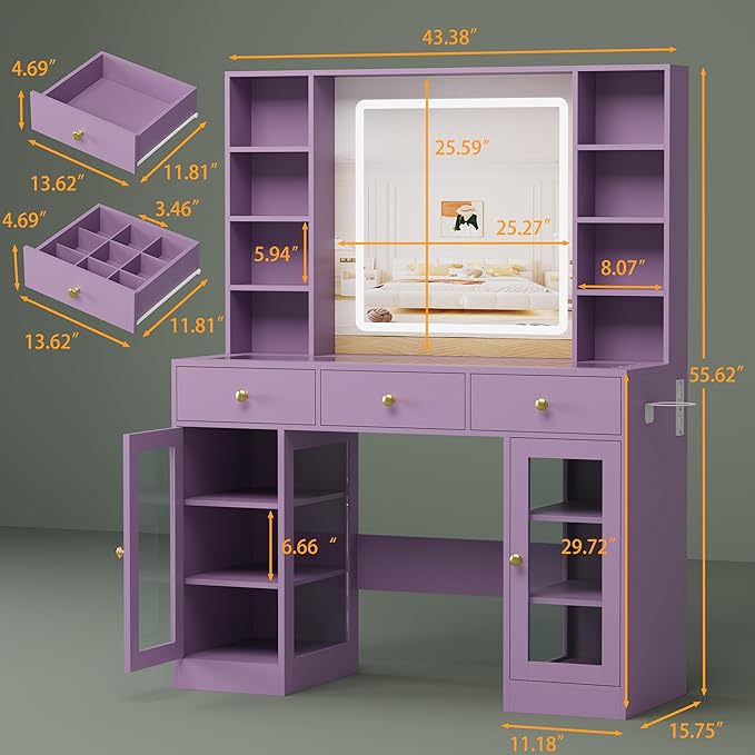 Vanity Desk with Mirror and Lights, White Makeup Vanity with Glass Top & Drawers, 3 Lighting Modes, Power Outlet, RGB Glass Cabinets, Modern Dressing Table for Women, Girls, Teens