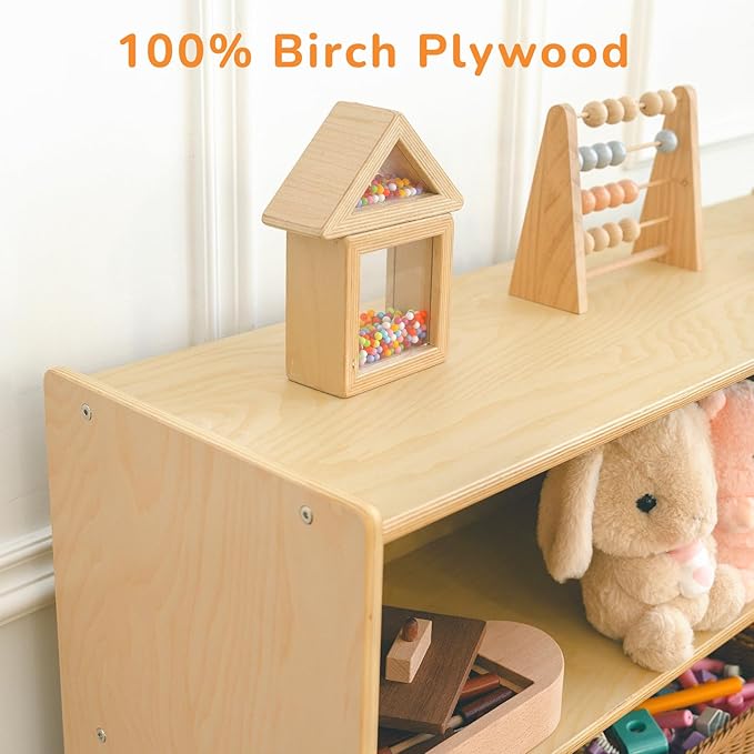 Kids Bookshelf and Toy Storage Shelf, Wooden Montessori Bookshelf, 3-Tier Toy Shelves with 7 Cubby, Classroom Furniture, Birch Children Bookcase, Book Shelf for Kids Room, Nursery, Playroom