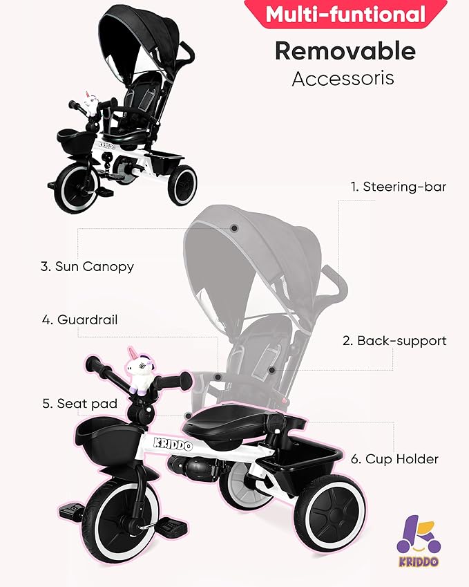 KRIDDO 7-in-1 Tricycle Stroller for Toddlers 18 Months to 5 Years, Adjustable Push Handle, Rotatable Seat, Cup Holder and Retractable Canopy, Folding Baby Trike w/Detachable Guardrail, Footrest, WH