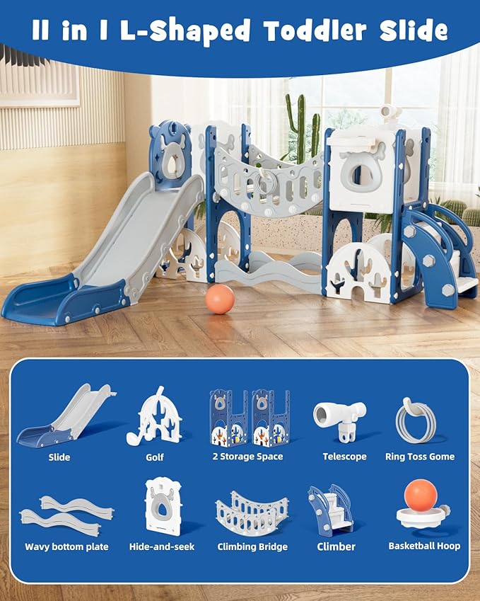 XJD Toddler Slide,11 in 1 Kids Slide for Toddlers 1-3, Toddler Climbing Toys,New Upgrade with Golf Set, Basketball Hoop for Indoor Outdoor Playset (Blue)