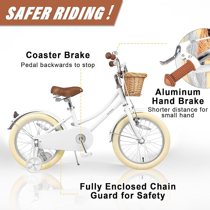 Glerc Little Molly 12-20 Inch Kids Retro Cruiser Bike for 2-13 Year Old with Wicker Basket & Training Wheels/Kickstand, Multiple Colors