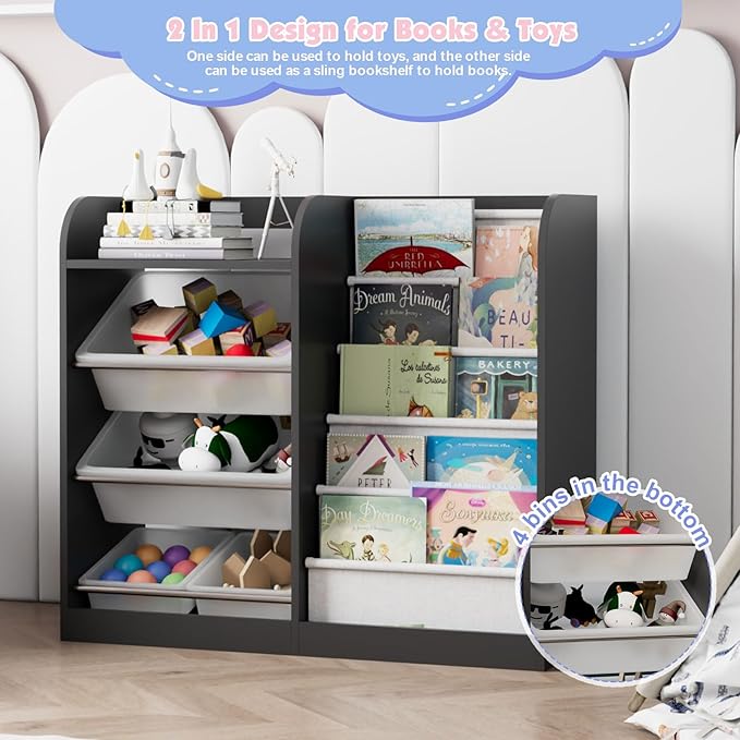 Black Kids Wood Bookshelf Toy Storage Box Organizer Shelf W/4 Removable Plastic Toy Bins Children Bookcase Toddler Baby Sling Book Rack Cabinet Chest Girl Boy Gift Playroom Classroom Bedroom Nursery